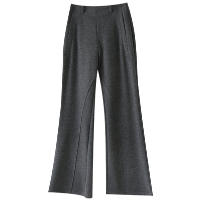 灰色加绒加厚微喇裤女秋冬小个子2025新款高腰休闲羊毛呢糯米长裤