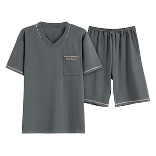 浪莎男士睡衣夏款短袖短裤纯棉薄款青少年夏天纯色大码家居服套装