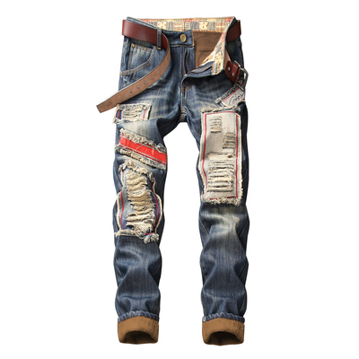破洞加绒牛仔裤男生补丁冬季宽松直筒中腰休闲青年厚款男士长裤子