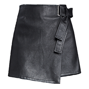 时尚a字皮裙半身裙女皮短裤裙秋冬靴裤修身显瘦不规则系带pu皮裤