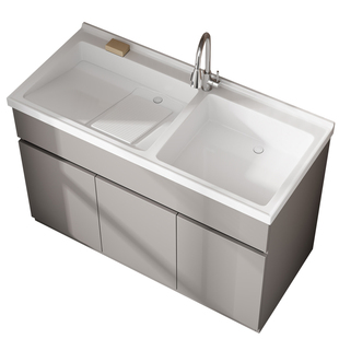 防水全铝蜂窝整板阳台洗衣柜人造石英石一体盆洗衣池双下水奶油风