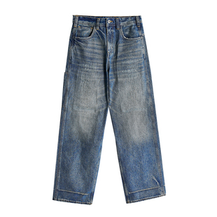 dokie[狗啃]25秋冬男士15盎司休闲水洗磨破宽松直筒下装牛仔裤子