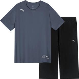 安踏冰丝套装男夏季宽松休闲运动服中老年爸爸短袖七分中裤两件套