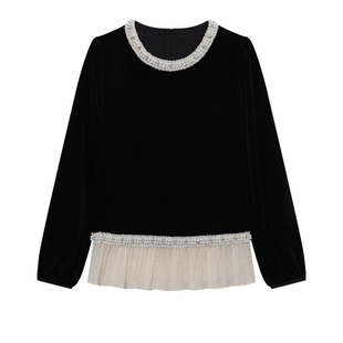 白鹿语钉珠丝绒上衣秋时尚微弹圆领荷叶边下摆长袖女式衬衫