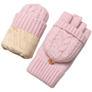 韩版秋加绒加厚双层羊绒露指翻盖羊毛半指手套女冬季保暖可爱学生