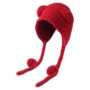 新年红色可爱小熊帽子女2025冬天韩版保暖护耳帽骑车防寒针织冷帽