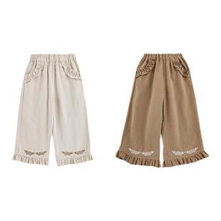 幼悠女童两色刺绣直筒裤春秋俏皮可爱木耳花边月牙口袋休闲裤子潮