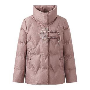 雪中飞2025冬新款女士妈妈款短款立领羽绒服新中式保暖花纹时尚