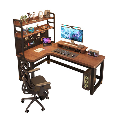 实木台式电脑桌转角书桌书架一体电竞桌L型家用学习双人办公桌