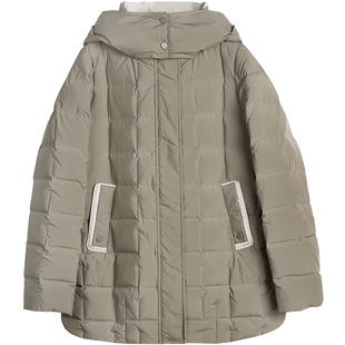 布景羽绒服女中长款2025冬季新品简约撞色连帽白鸭绒厚款外套6366