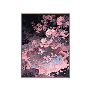 樱花倒影数字油画diy填充填色手工绘治愈风景丙烯油彩画装饰挂画