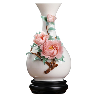 东方泥土 花开富贵陶瓷手工瓷花花瓶摆件中式客厅插花艺术装饰品