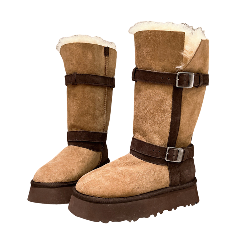 羊皮毛一体~真皮羊毛金属扣翻领两穿骑士长筒东北加厚雪地棉靴女
