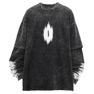 OVDY 官方王橹杰同款美式水洗做旧长袖T恤男潮牌复古印花纯棉上衣