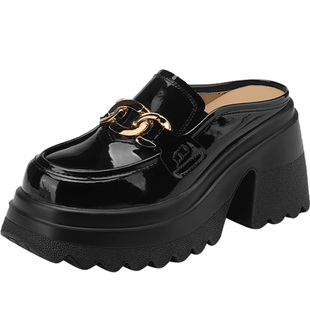 真皮拖鞋女外穿半拖2025夏季新款时尚松糕厚底增高凉拖黑色穆勒鞋