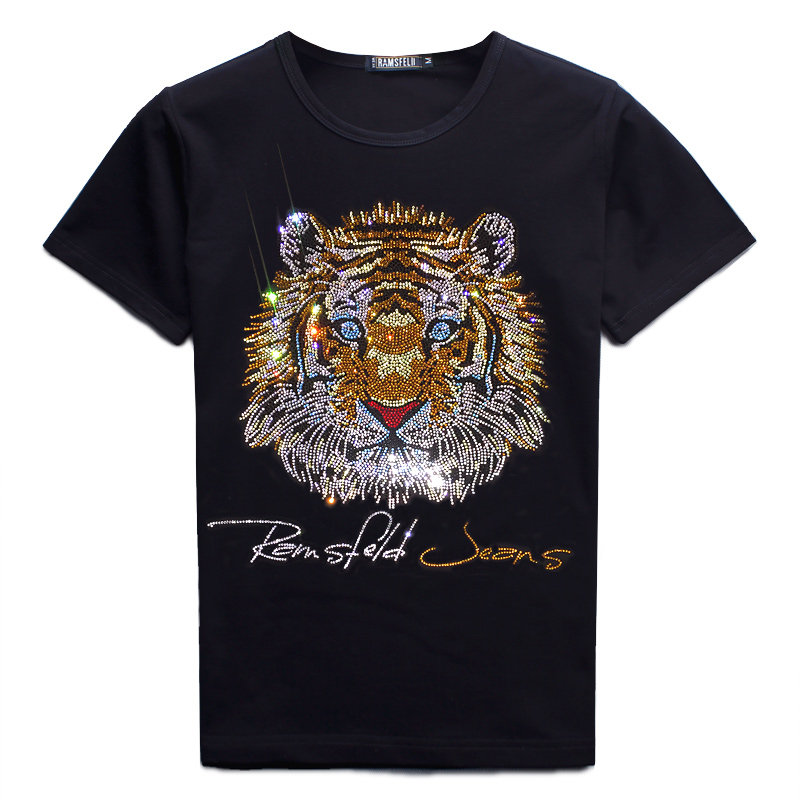 夏季男士烫钻老虎头t恤虎年薄款圆领短袖T恤半袖冰丝纯棉情侣百搭