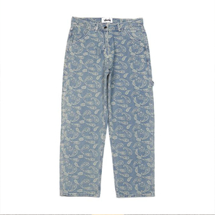 欧美街头嘻哈腰果花提花满印刺绣INS宽松直筒男女款蓝色牛仔裤潮