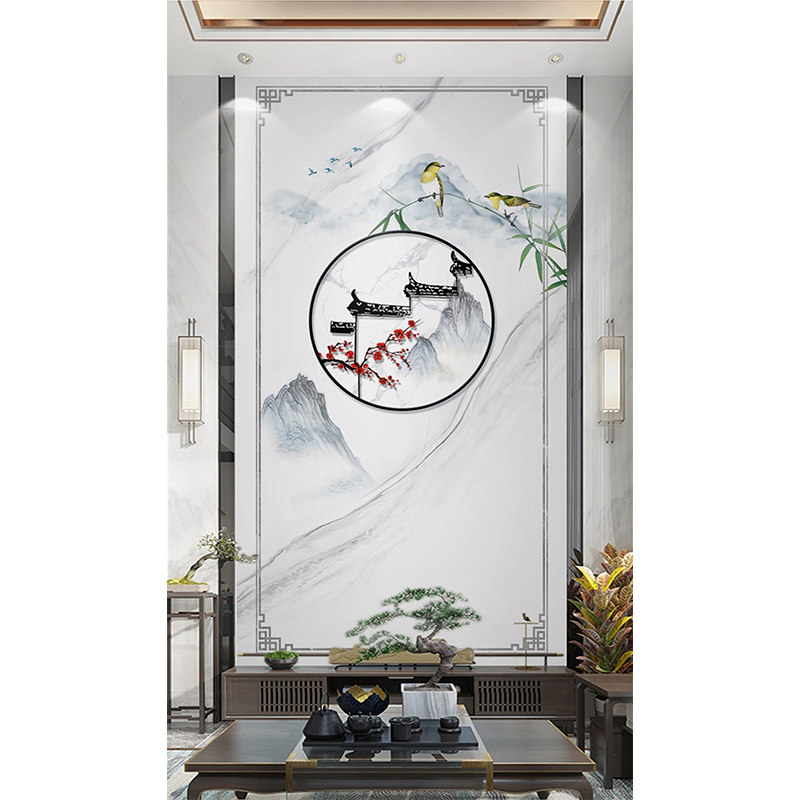 中式山水别墅挑空客厅背景墙岩板