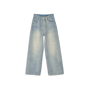 美到失语！~满天星带钻水貂绒牛仔裤女冬加绒宽松直筒阔腿长裤子