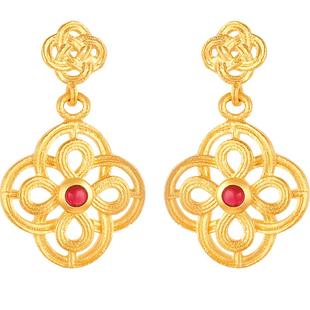 明牌珠宝黄金耳钉 足金古法同心结婚嫁红宝石耳饰AFH0137