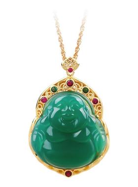 中式国潮风大肚弥勒佛项链仿祖母绿色玉髓莲花如来轻奢女款锁骨链