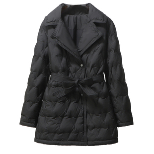 轻薄羽绒服女中长款系带2025秋冬新款西装领90白鸭绒压胶外套收腰