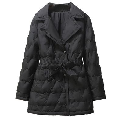 西装领轻薄羽绒服中长款系带收腰