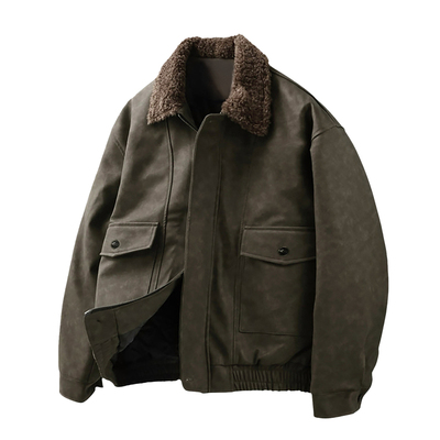 男士复古格调麂皮绒毛领拼接夹克