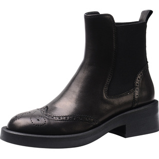 VDVC新款羊皮复古雕花真皮单靴圆头切尔西中跟短靴4cm女靴烟筒靴