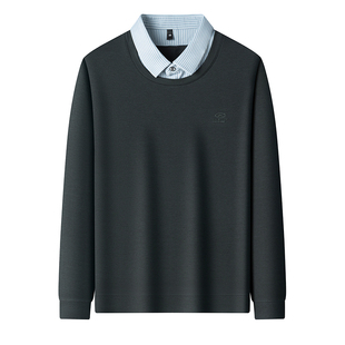 罗蒙含羊毛假两件衬衫领长袖T恤男士2026春秋季新款中年打底上衣