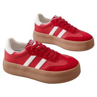 星期六真皮厚底粉色德训鞋女春季增高防滑耐磨百搭运动休闲板鞋