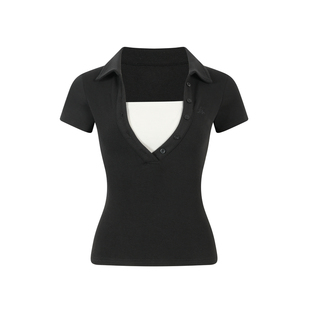 KSXN 假两件撞色深V领针织短袖夏季修身显瘦舒弹百搭polo上衣女