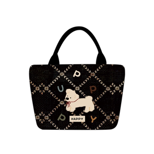 黑色格纹手提包可爱小狗上班通勤外出手拎包大容量拉链帆布包AC82
