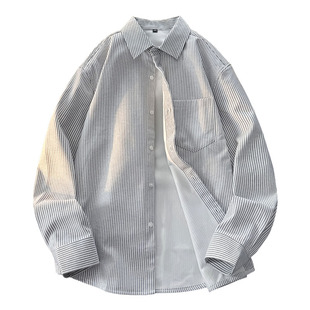 韩版高级感痞帅竖条纹衬衫男长袖春秋加绒休闲宽松夏纯棉衬衣外套