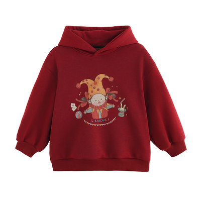 女童红色连帽一体绒卫衣冬加薄绒