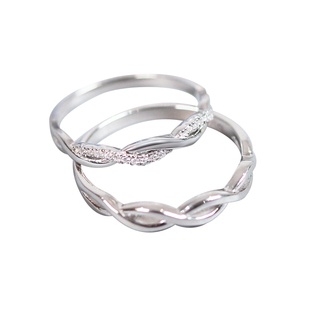 闭口情侣对戒999纯银一对戒指镶钻情侣款男情人节礼物送女友刻字