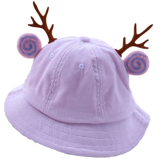 新款鹿角耳朵灯芯绒渔夫帽子卡通可爱儿童盆帽幼儿园男女亲子帽