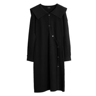 ELLE黑色设计感修身开叉连衣裙女2025冬装新款小众翻领长袖裙子