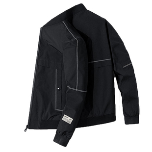 罗蒙夹克时尚春秋冬明线加绒修身棒球领休闲袖子布标薄款男士外套