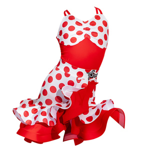 大红波点拉丁舞套装高级2026夏季新款女童练功服专业少儿童比赛表