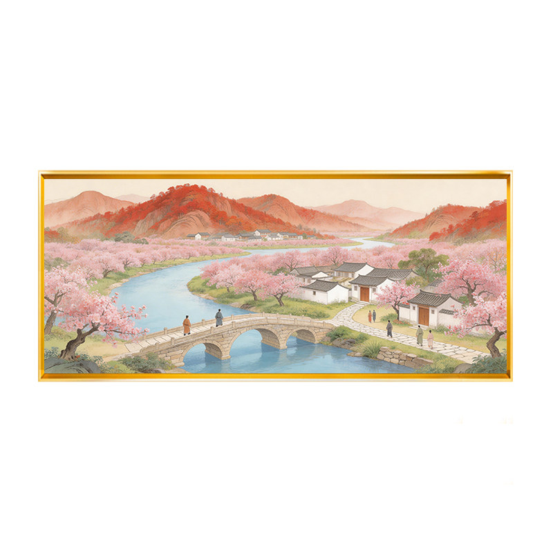 中式山水风景十字绣套件客厅装饰画粉色桃花古桥房屋中格3股