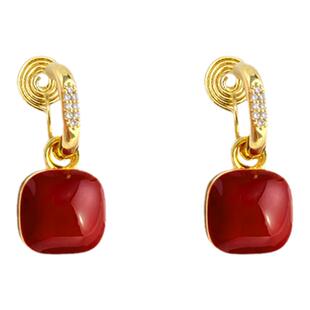 方形蚊香盘耳夹女款轻奢高级感小众无耳洞耳环安可拉红色复古耳饰