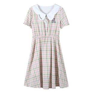 蝴蝶领格子连衣裙中学生少女裙森系学院风收腰大童中长款裙子全棉