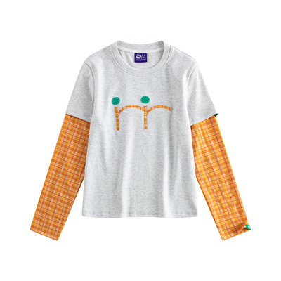 riverstone plus 假两件修身格纹刺绣拼接长袖t恤女春季正肩上衣