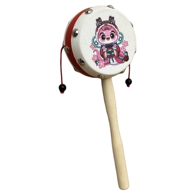 老式手工羊皮拨浪鼓和哗啦棒新生婴儿可啃咬黄铜棒铃桃木非遗传统