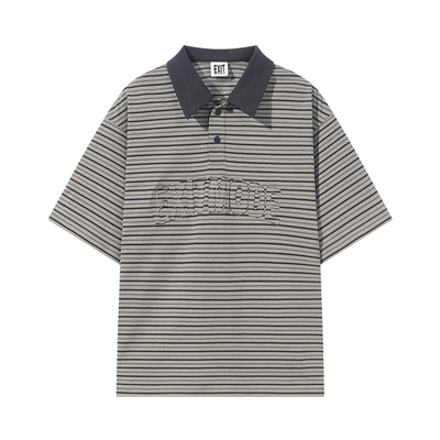 EXITMODE BY BLINDNOPLAN 25SS 条纹毛边贴布绣POLO衫翻领短袖T恤