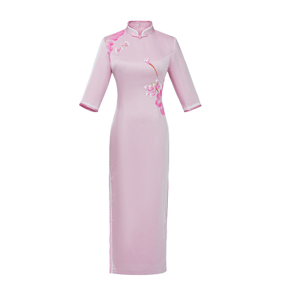 2024新款绣花中长款粉色旗袍
