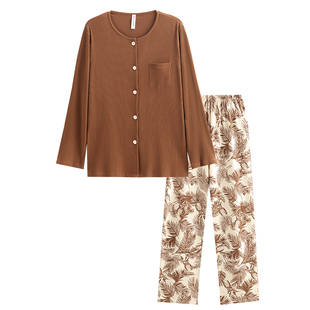 睡衣女春秋款纯棉长袖高级感开衫带胸垫家居服秋冬可外穿大码套装