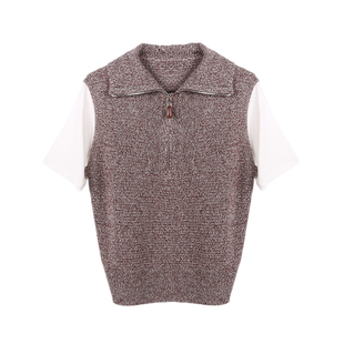 Deessesicile智性老钱风拉链领羊毛针织背心拼接短袖假两件上衣女