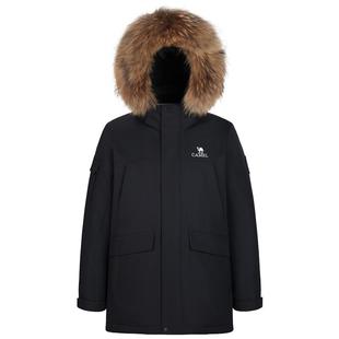 骆驼男装中长款羽绒服男黑色秋冬白鸭绒宽松加厚保暖连帽毛领外套